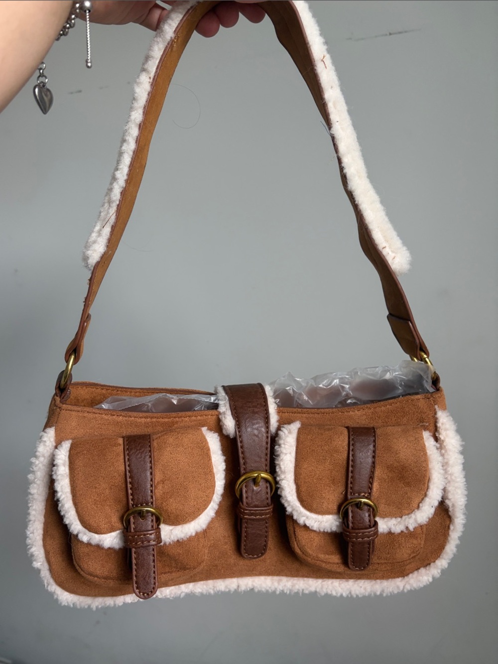 NWOT | Brown Faux-Suede Shearling Trim Shoulder Bag